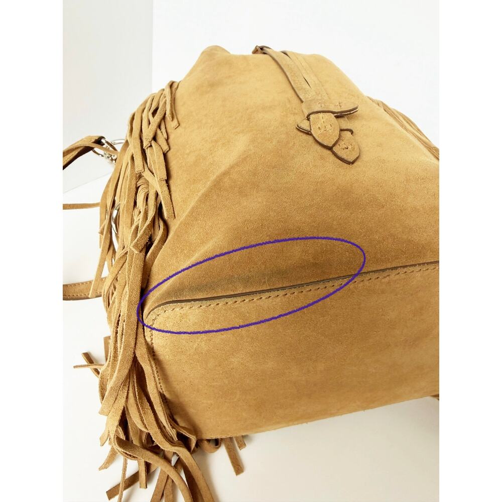 Ralph Lauren Ricky Fringe Bucket Bag Suede Camel Leather Drawstring Crossbody - Picture 11 of 16